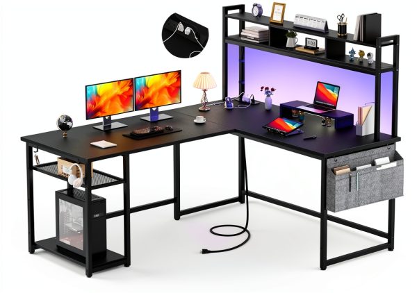 Aheaplus L Shaped Desk with Charging Station LED Lights-0