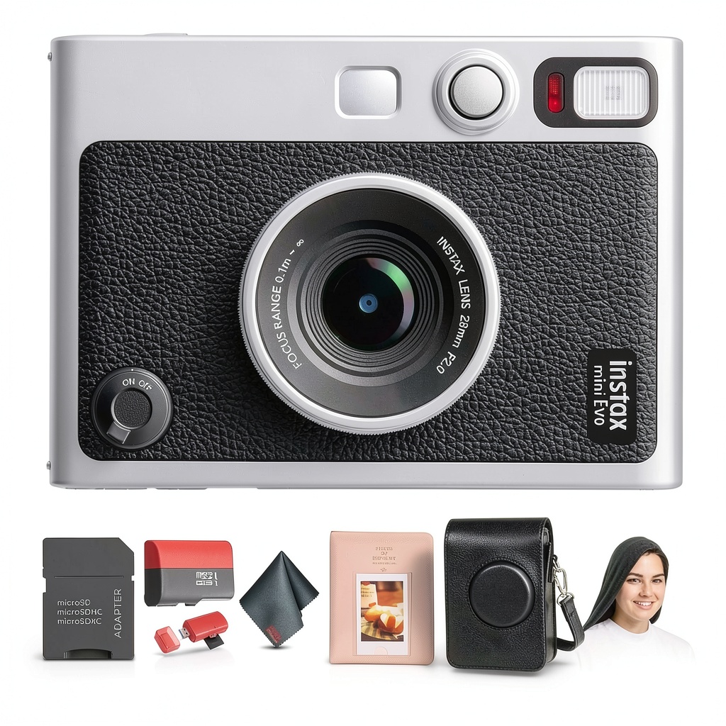 Fujifilm INSTAX Mini EVO Hybrid Instant Camera displaying its sleek black design and print output