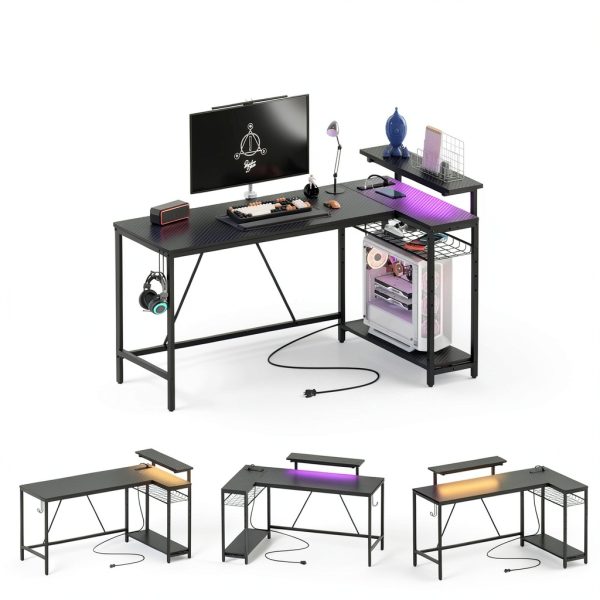 Bestier L Shaped Gaming Desk LED Lights Power Outlet-5