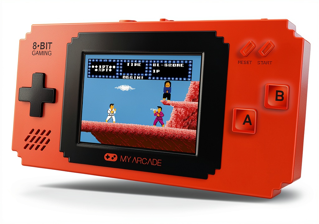 My Arcade Pixel Player handheld game system displaying retro game graphics