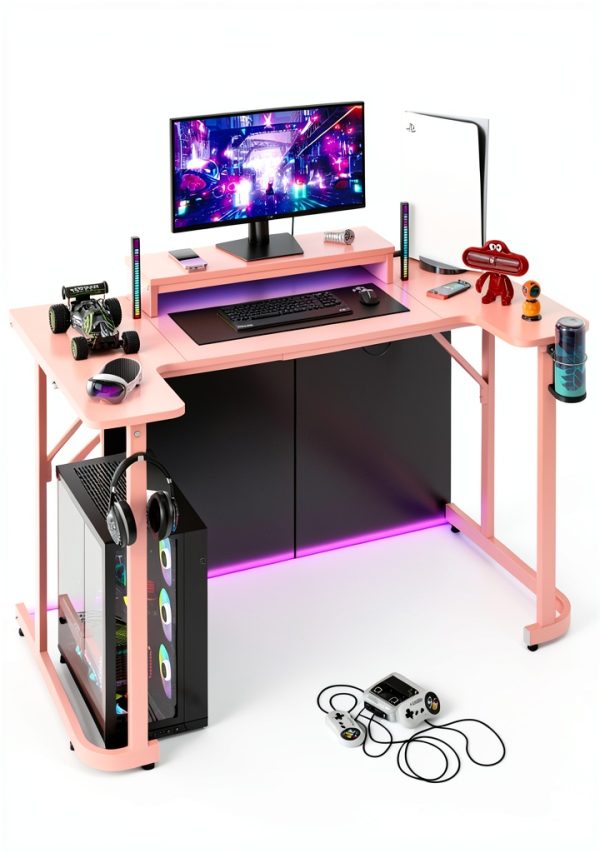 Bestier U Shaped Gaming Desk LED Lighting Monitor Stand-2