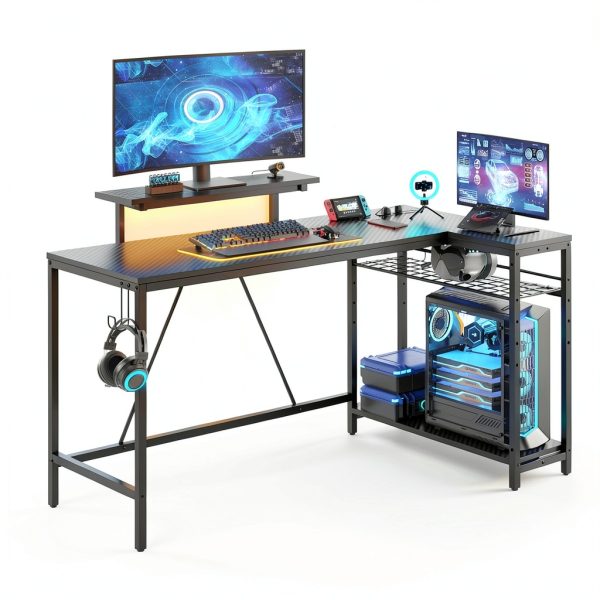 Bestier L Shaped Gaming Desk LED Lights Power Outlet-7