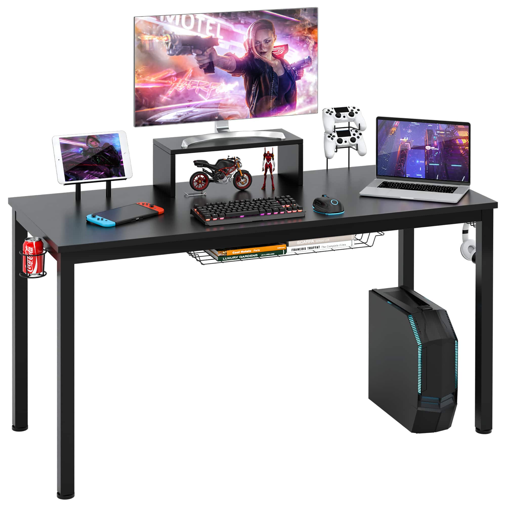 Costway Gaming Desk setup with monitors and accessories