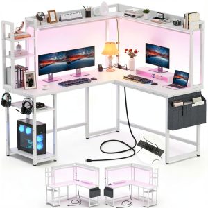 Aheaplus Gaming L Desk Power Outlets LED Lights Storage-0
