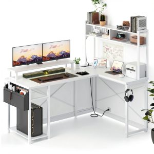 Aheaplus L Shaped Gaming Desk LED Lights Power Outlets-0