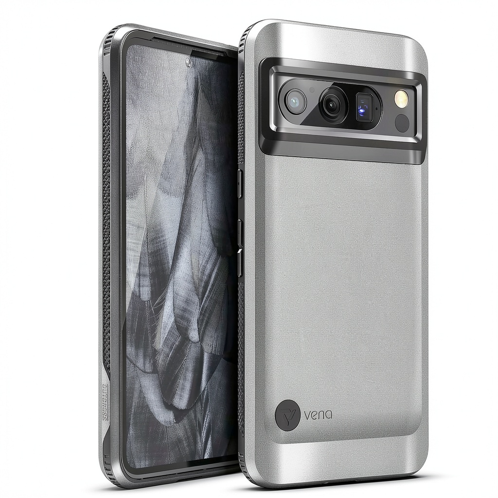 Person holding Google Pixel 8 Pro with Vena Outcross case in a busy office setting