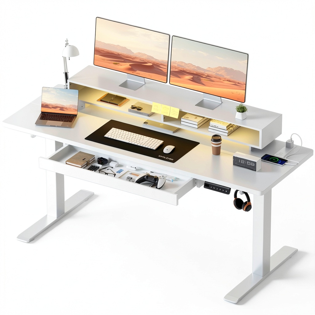 GTPlayer Electric Standing Desk in a home office setting with LED lights activated
