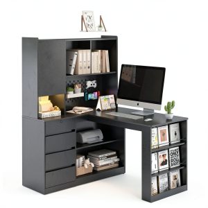 GOODSILO L Shaped Computer Desk with Drawers LED Light Black-0