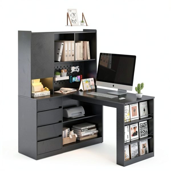 GOODSILO L Shaped Computer Desk with Drawers LED Light Black-0