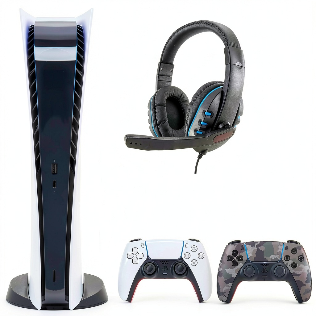 PlayStation 5 Digital Console with Gray Camo controller and headset on a entertainment center
