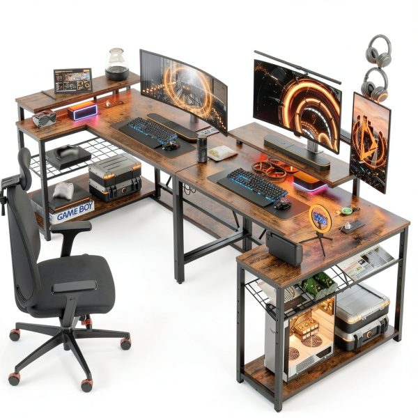 Bestier L Shaped Gaming Desk with Power Outlets LED Lights-4