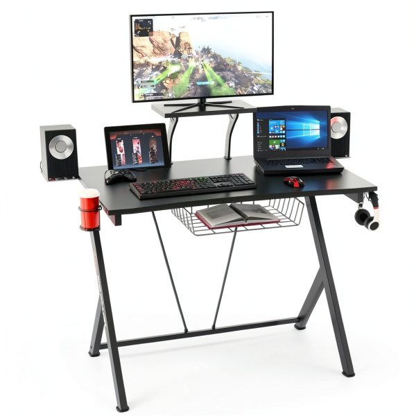 Gymax Gaming Desk Computer Table Headphone Hook Cup Holder-3