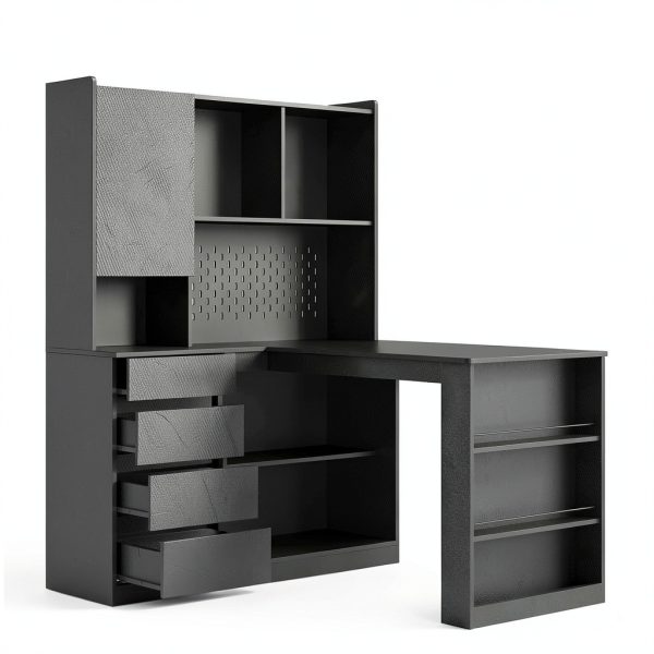 GOODSILO L Shaped Computer Desk with Drawers LED Light Black-8