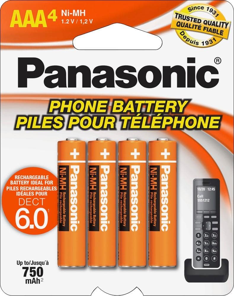 Panasonic rechargeable AAA batteries displayed alongside DECT 6.0 cordless phone
