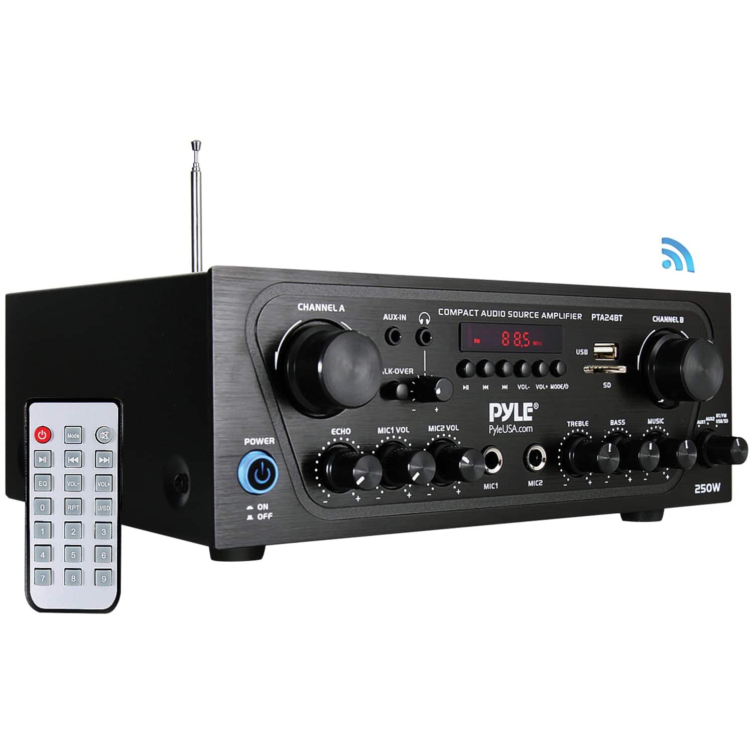 Pyle Bluetooth Stereo Receiver connected to speakers and microphone