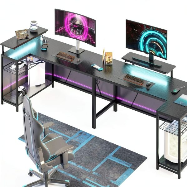 Bestier L Shaped Gaming Desk LED Lights Power Outlet-8