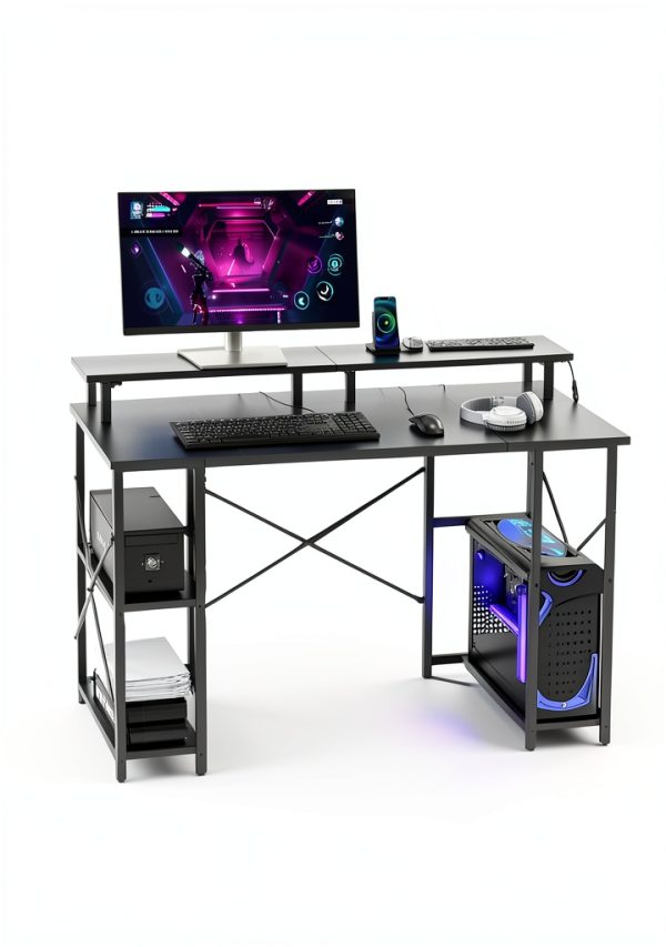 VEVOR Gaming Desk with LED Lights Power Outlets Monitor-1