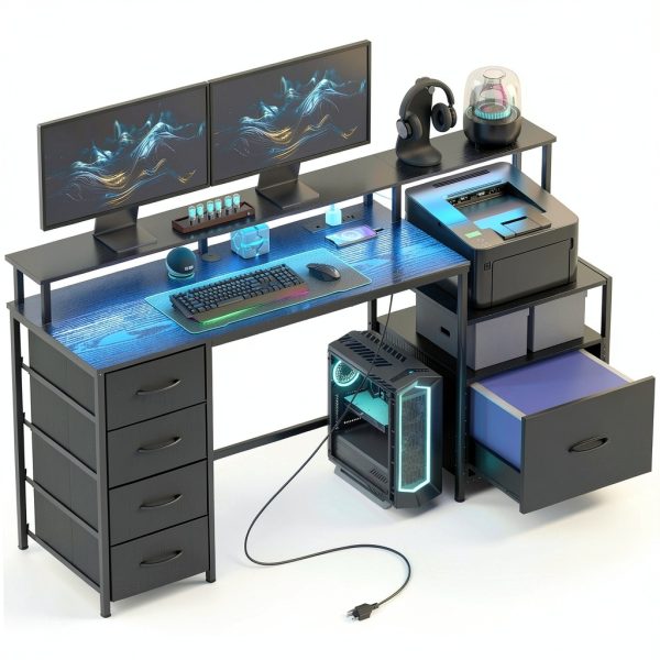 Homcom Gaming Desk with Charging Station LED Lights Drawers-1