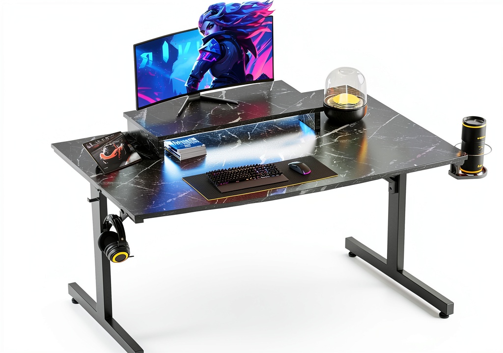 Bestier gaming desk with RGB lighting and monitor stand in a home office