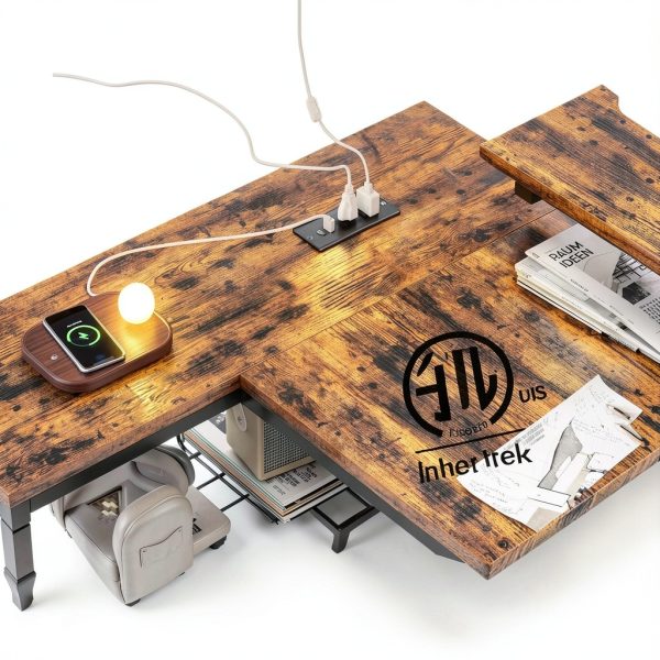 Bestier L Shaped Gaming Desk with Power Outlets LED Lights-5