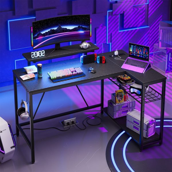 Bestier L Shaped Gaming Desk with LED Lights Power Strip-5