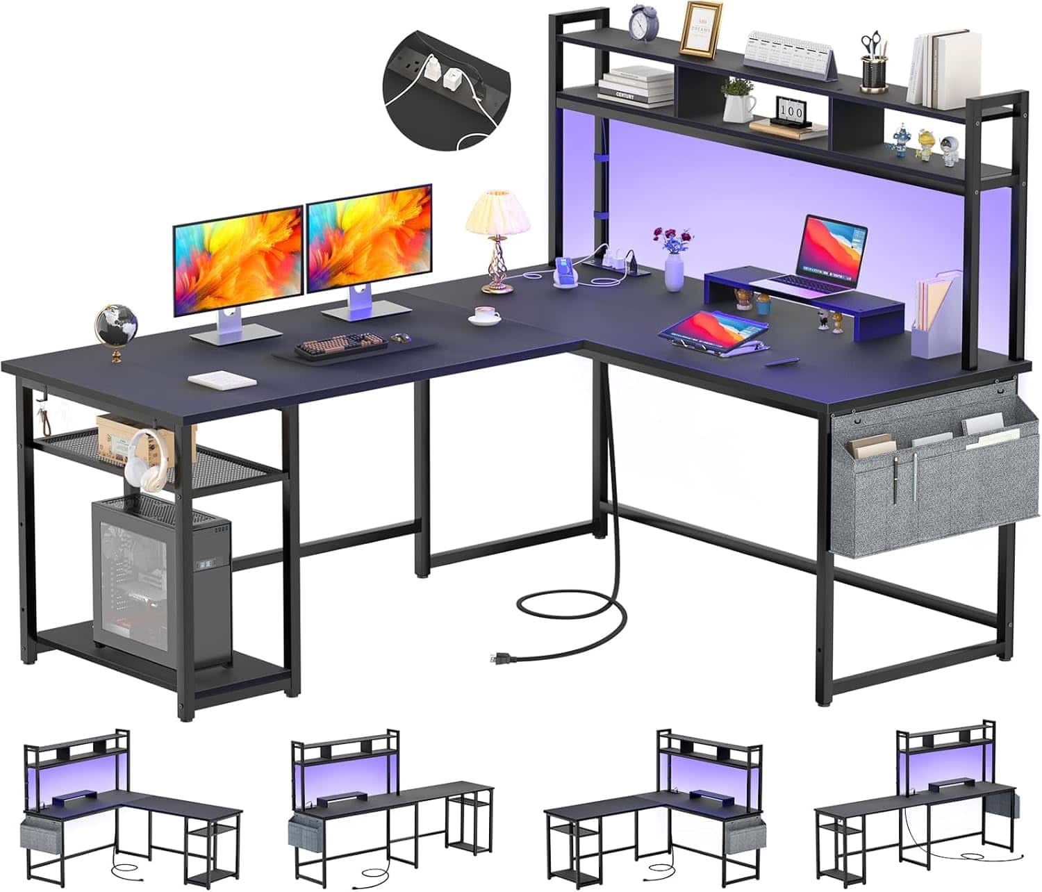 Aheaplus L Shaped Desk assembled in a home office setting with LED lights on