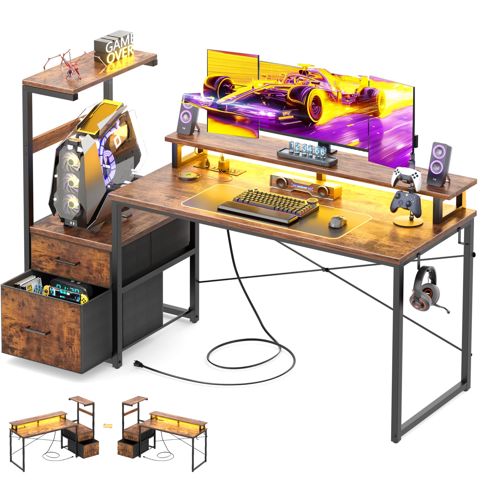 Aheaplus Gaming Desk setup in a home office with LED lights on