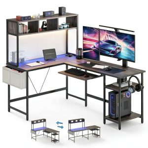 Anysun L Shape Gaming Desk LED Lights Storage Shelf Keyboard-0