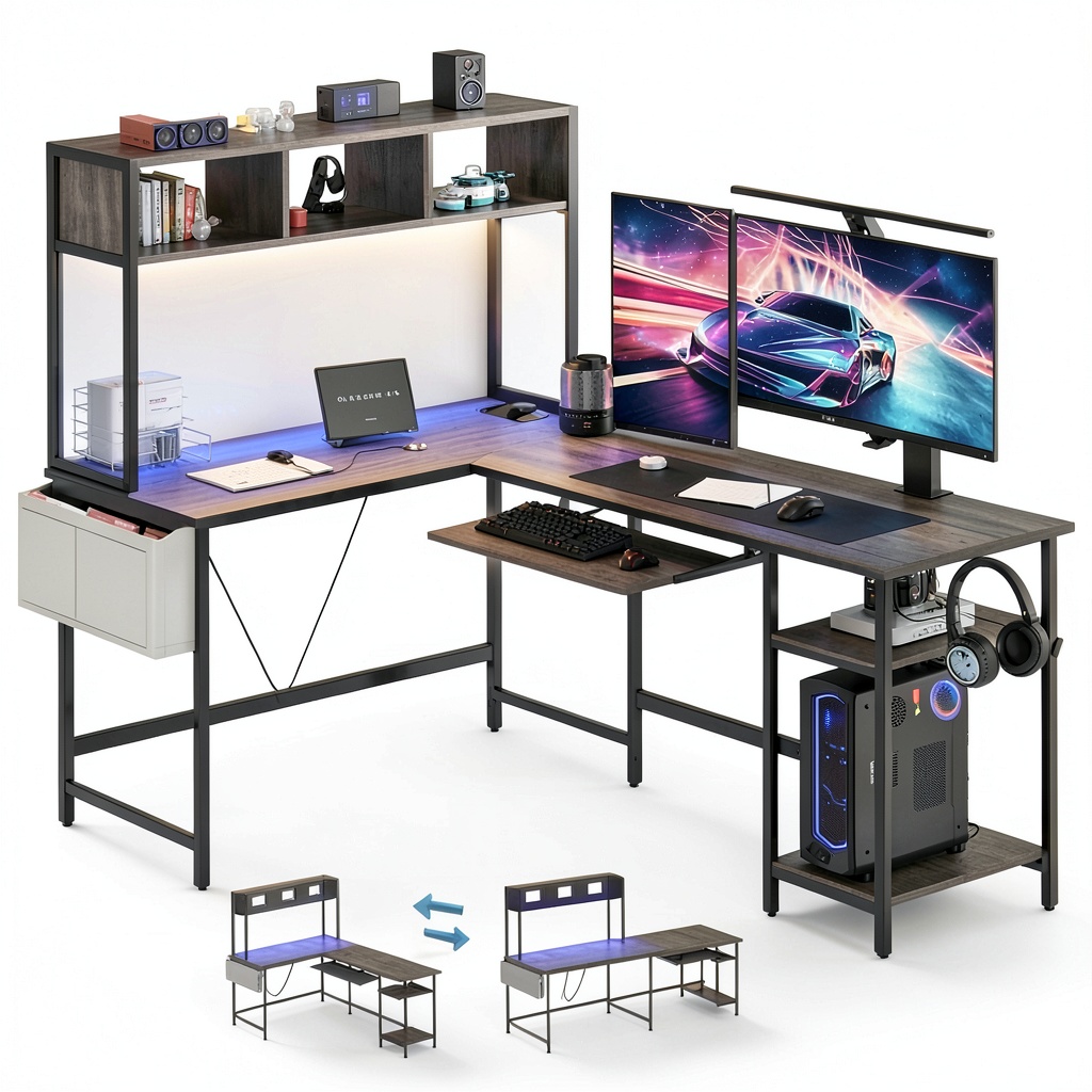 Installing Anysun L Shape Gaming Desk LED Lights Storage Shelf Keyboard in a home office corner