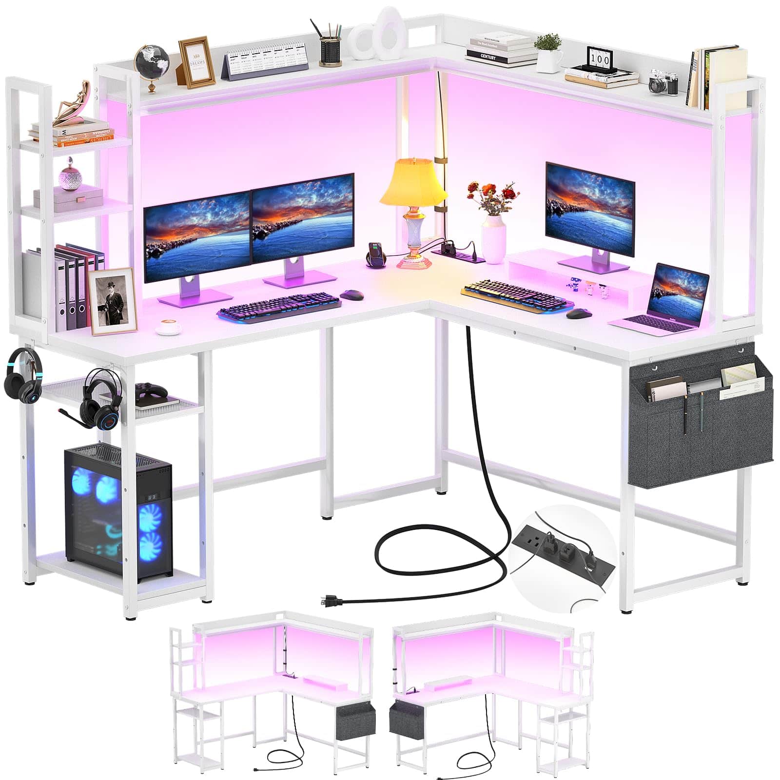 Aheaplus Gaming L Desk setup in a home office with devices charging