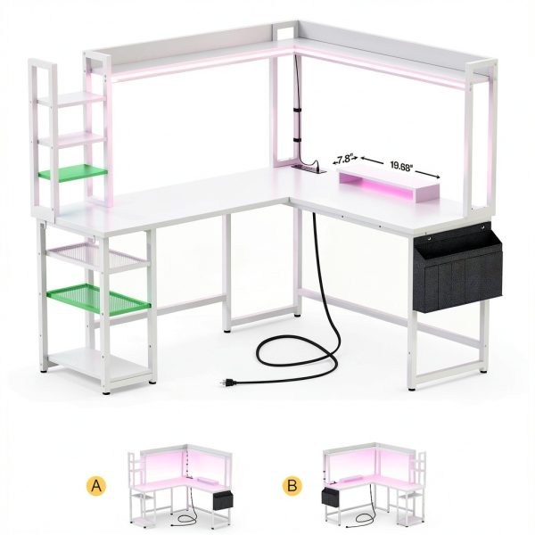 Aheaplus Gaming L Desk Power Outlets LED Lights Storage-2