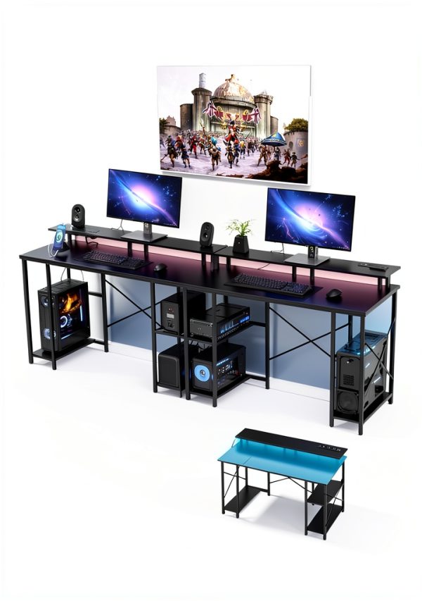 VEVOR Gaming Desk with LED Lights Power Outlets Monitor-5
