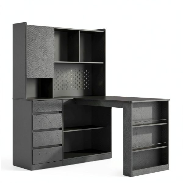 GOODSILO L Shaped Computer Desk with Drawers LED Light Black-10