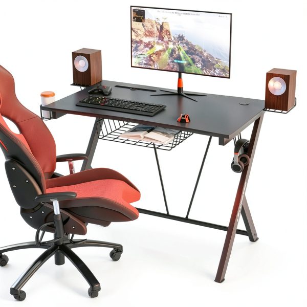 Gymax Gaming Desk Computer Table Headphone Hook Cup Holder-2