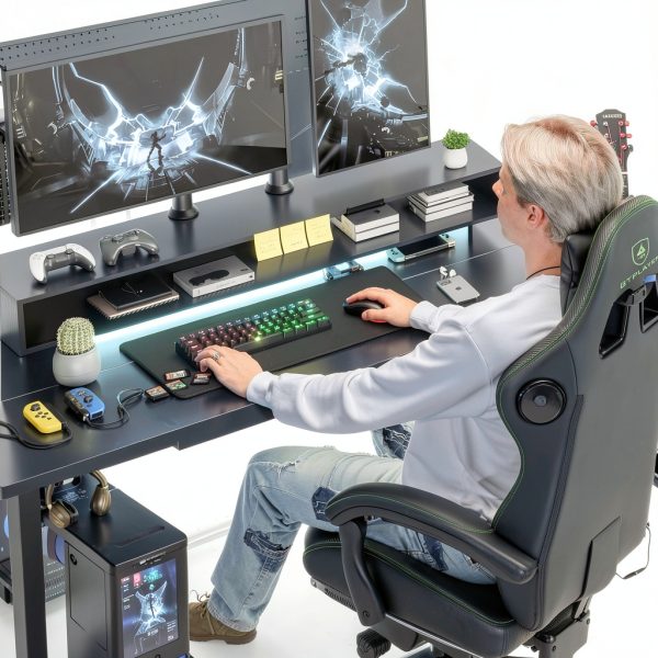 GTPlayer Electric Standing Desk with LED Lights and Drawers-2