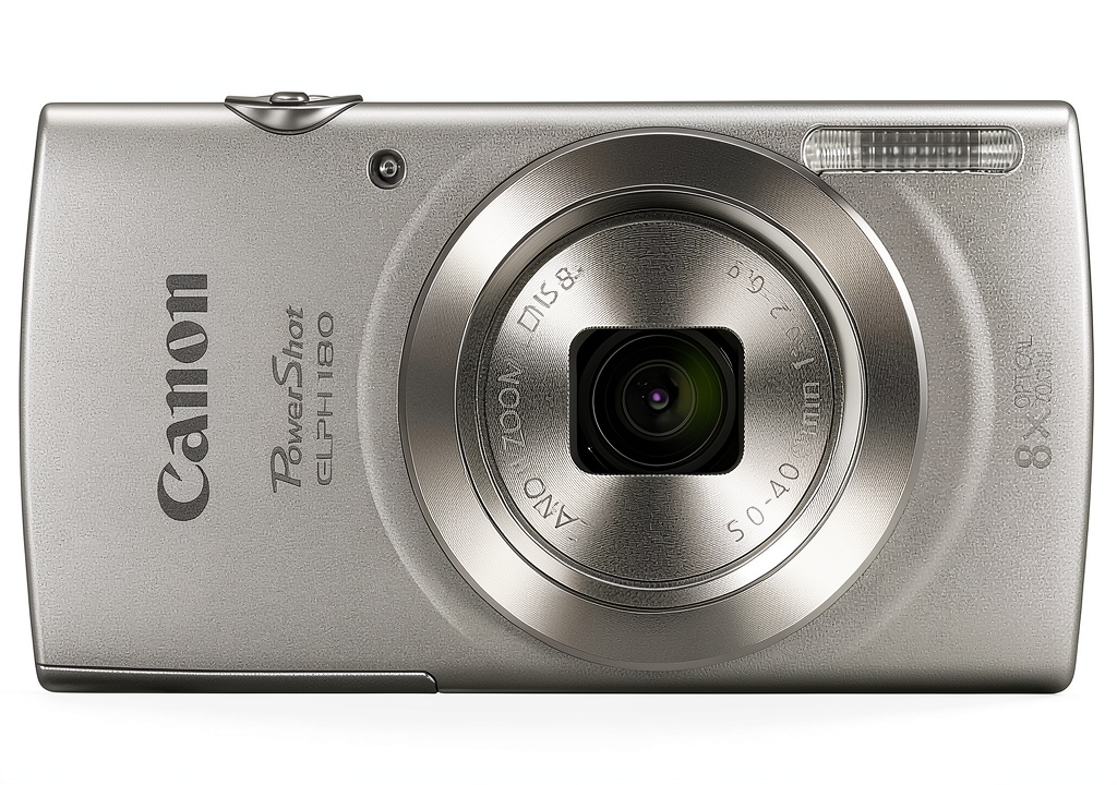 Canon PowerShot ELPH 180 digital camera in silver showing front view and display