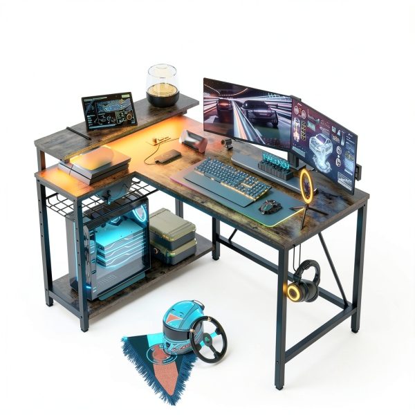 Bestier L Shaped Gaming Desk with Power Outlets LED Lights-2