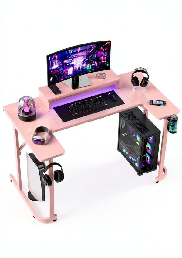 Bestier U Shaped Gaming Desk LED Lighting Monitor Stand-0