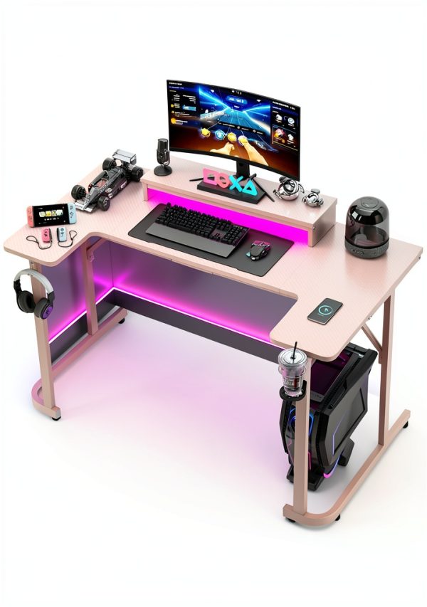 Bestier U Shaped Gaming Desk LED Lighting Monitor Stand-3