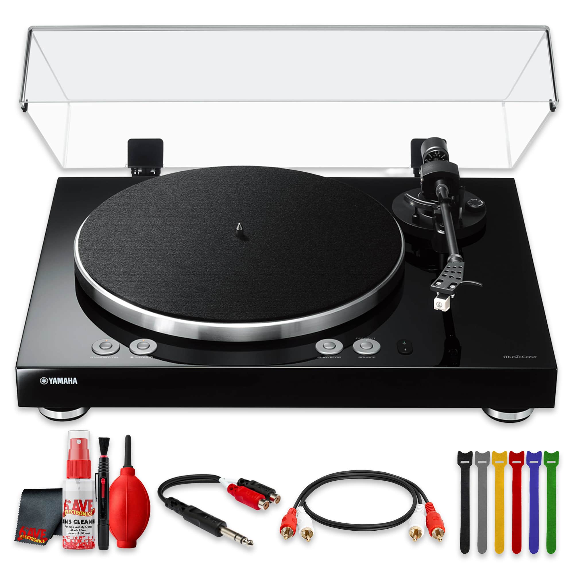 Yamaha MusicCast VINYL 500 Turntable on a modern audio stand