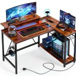 Bestier L Shaped Gaming Desk with Power Outlets LED Lights-0
