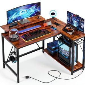 Bestier L Shaped Gaming Desk with Power Outlets LED Lights-0