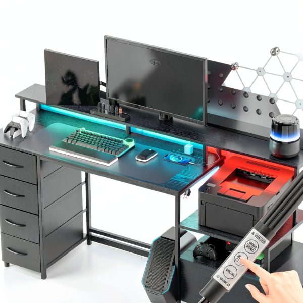 Homcom Gaming Desk with Charging Station LED Lights Drawers-7