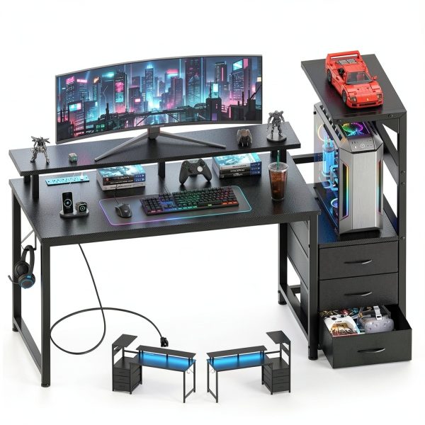 Anysun Gaming Desk with LED Lights and Charging Hub Black-0