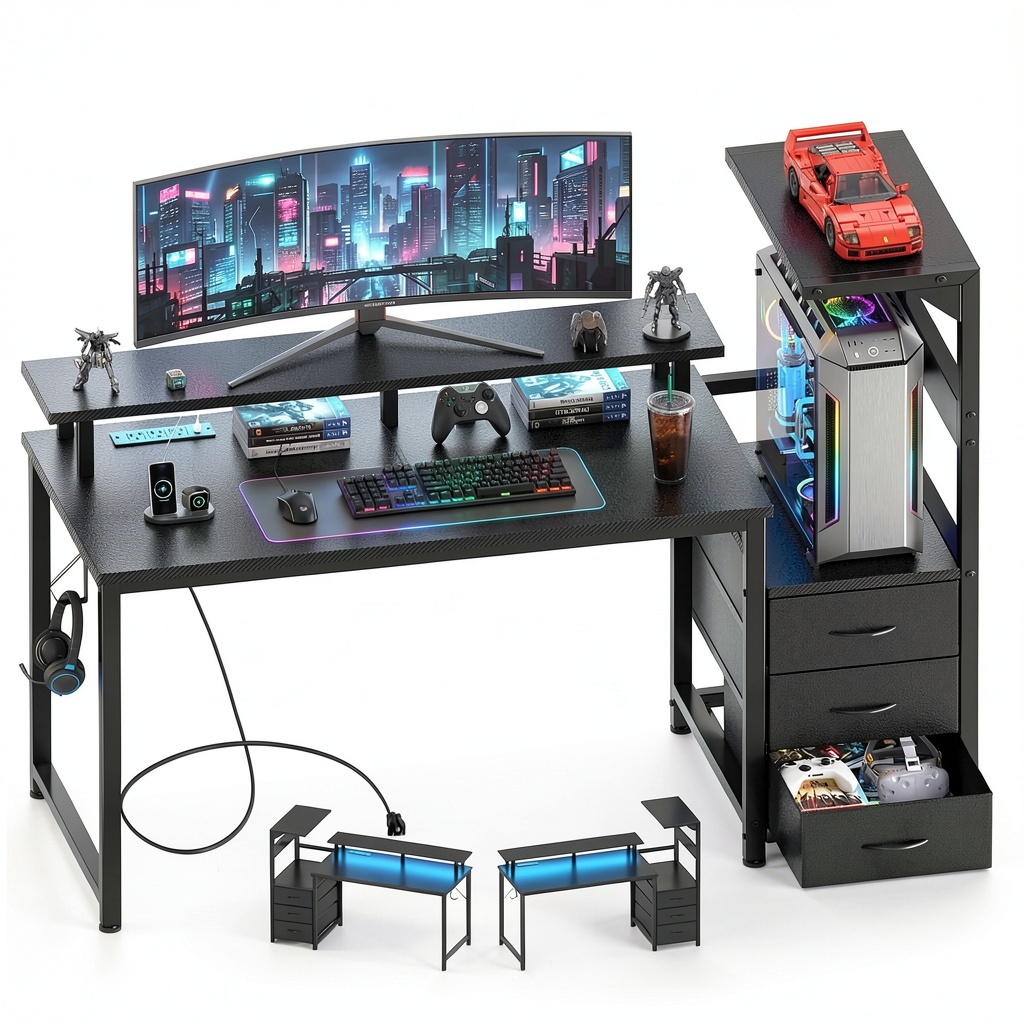 Anysun gaming desk with LED lights and charging hub in a modern room