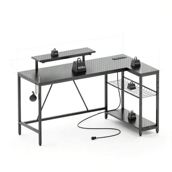 Bestier L Shaped Gaming Desk LED Lights Power Outlet-1