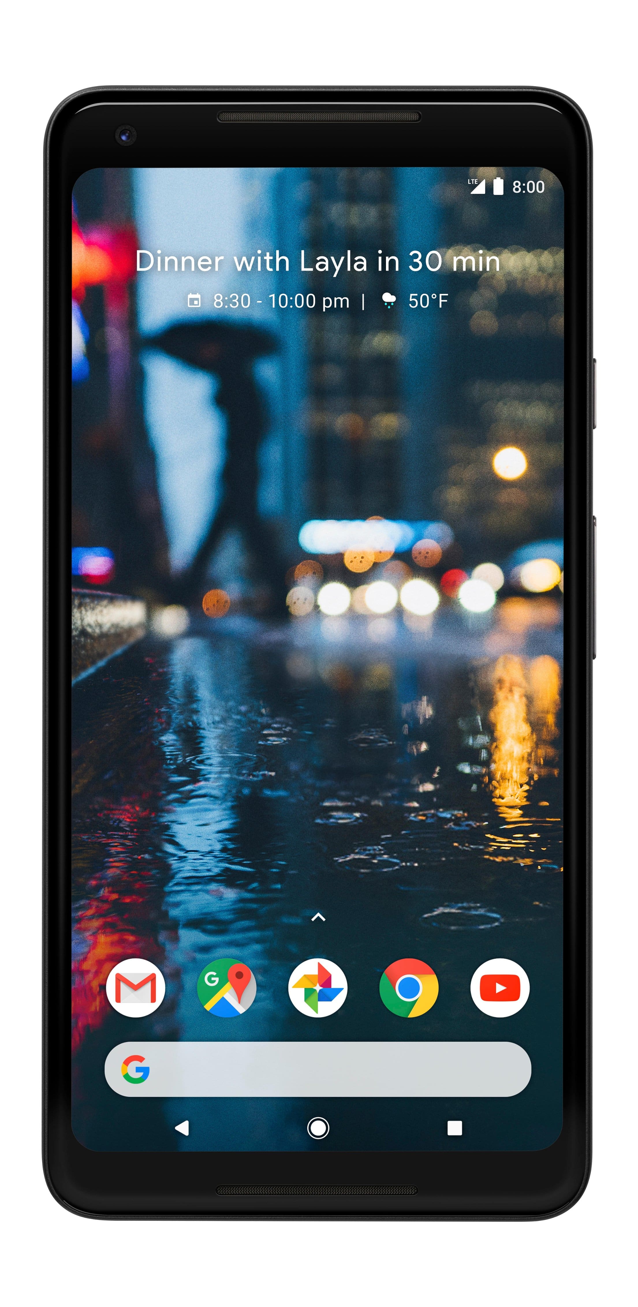 Refurbished Google Pixel 2 XL being held in a hand while showing the camera app on a dark background