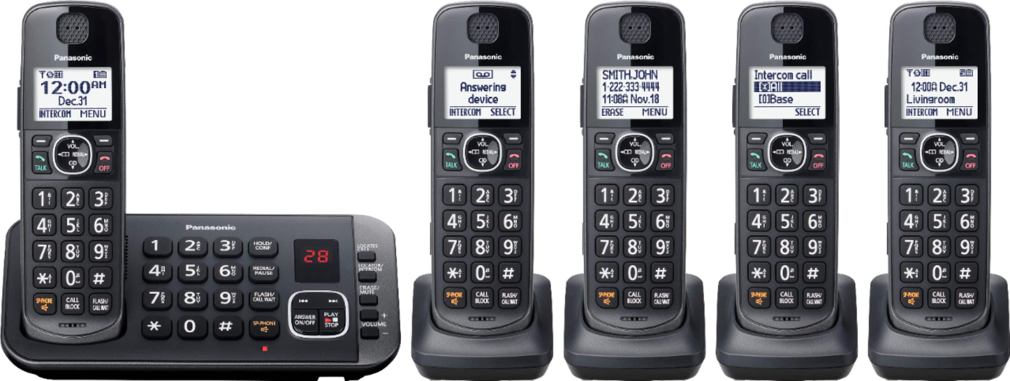 Panasonic KX-TGE645 cordless phone system setup on a desk