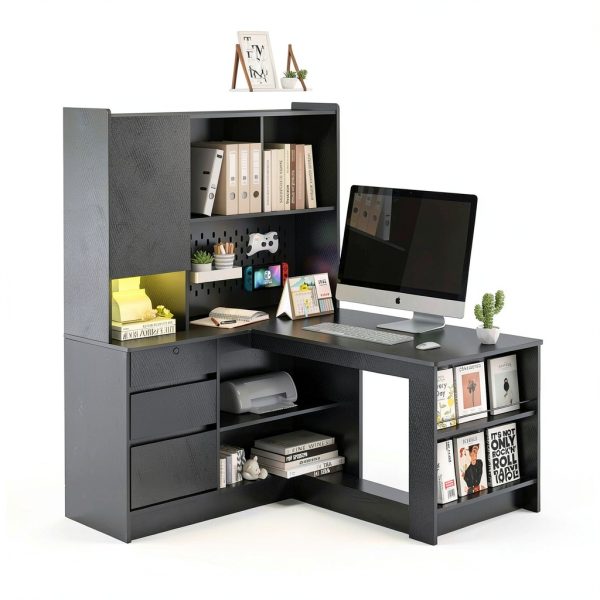 GOODSILO L Shaped Computer Desk with Drawers LED Light Black-2
