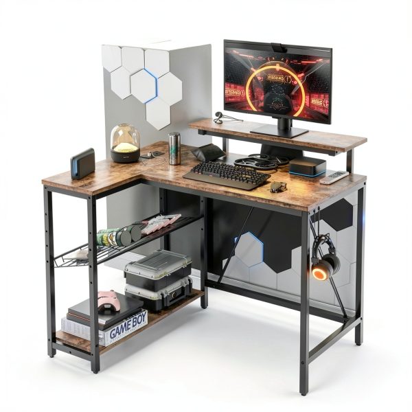 Bestier L Shaped Gaming Desk with Power Outlets LED Lights-3